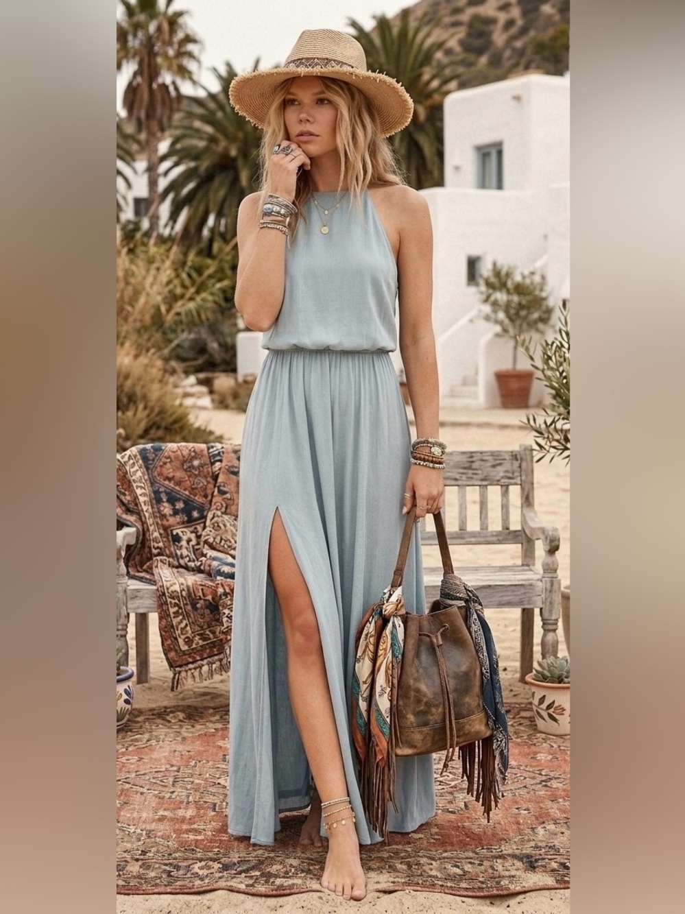 Show Me Your Mumu Heather Halter Maxi Dress Blue Green Leg Slit Ties at Neck